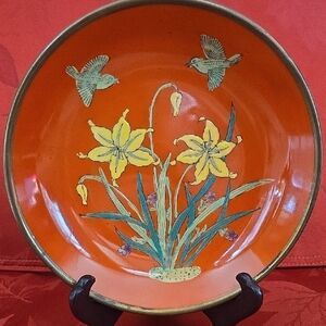 Vintage Japanese Porcelain Orange Floral Bowl with Yellow Daffodils and Birds